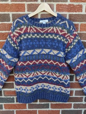 Turnbury Fair Isle Knit Sweater Blue Tan Red Silk Wool Cotton Sz 38 Men's Medium